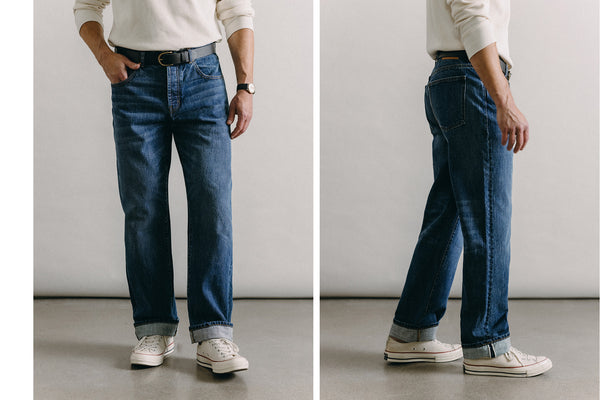 fit model showing off The Straight Jean in Mid Wash Organic Selvedge