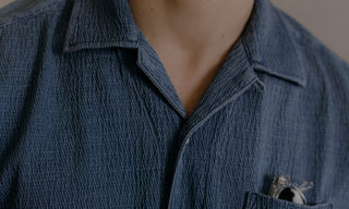 Model wearing The Hawthorne Camp Shirt in Washed Indigo