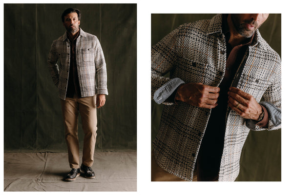 fit model wearing The Cutter Overshirt in Stone Plaid