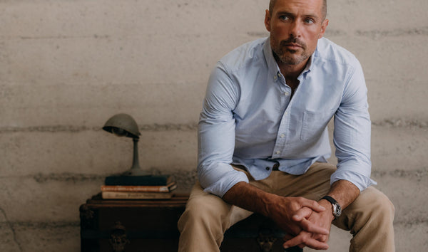 fit model posing in The Jack in Blue Everyday Oxford