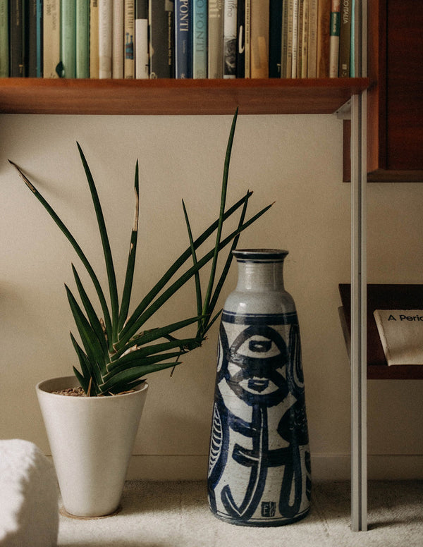 A ceramic vase next to a potted plant