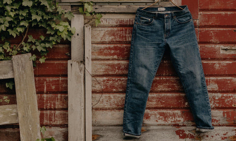 editorial image of The Slim Jean in Mid Wash Organic Selvedge