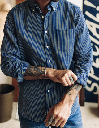 Model wearing The Jack in Roped Indigo, by Taylor Stitch