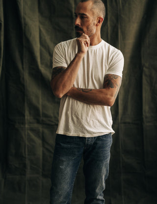 Model wearing The Cotton Hemp Tee in Natural, by Taylor Stitch