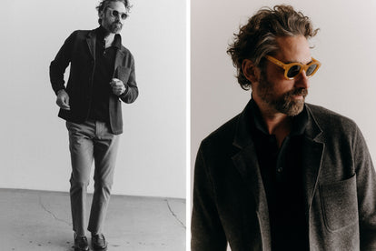 fit model posing in The Stevens Sportcoat in Slate Herringbone Wool