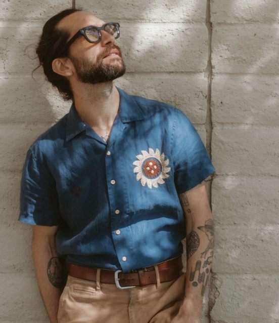 Daren looking up in The Embroidered Hawthorne in Sea Glass Hemp