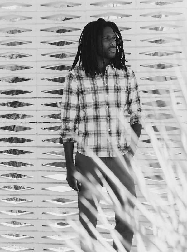 Model in The Craftsman Shirt in Bark Plaid and The Easy Pant in Canteen Seersucker