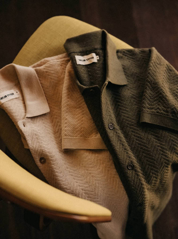 The Button Down Polos in Heather Oat and Cilantro Herringbone