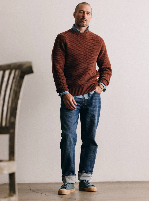 Model wearing The Fisherman Sweater in Heather Brick Merino