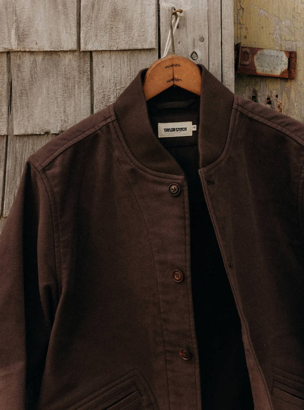Close up of The Clark Bomber Jacket in Soil Moleskin