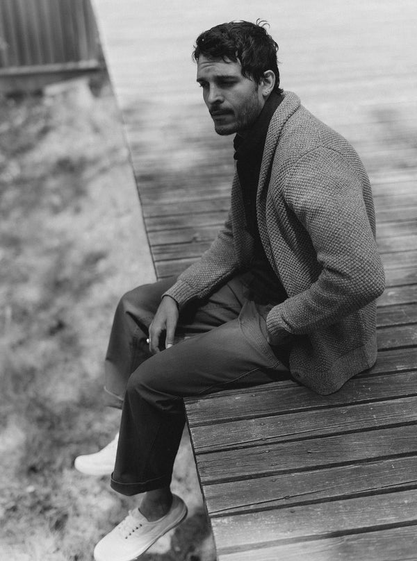 Model sitting in The Crawford Sweater in Coffee Twist