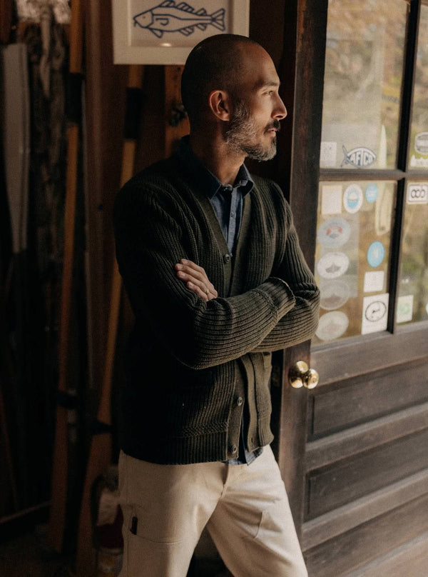 Model wearing The Mariner Cardigan in Heather Loden Slub