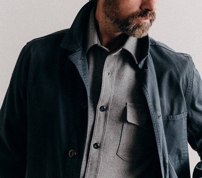 Model wearing The Ojai Jacket in Navy Foundation Twill