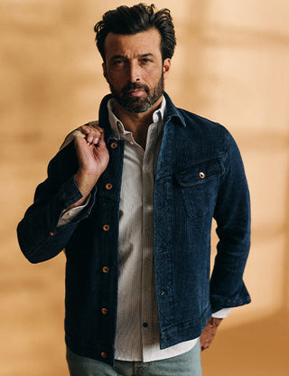 Model wearing The Long Haul Jacket in Indigo Waffle, by Taylor Stitch