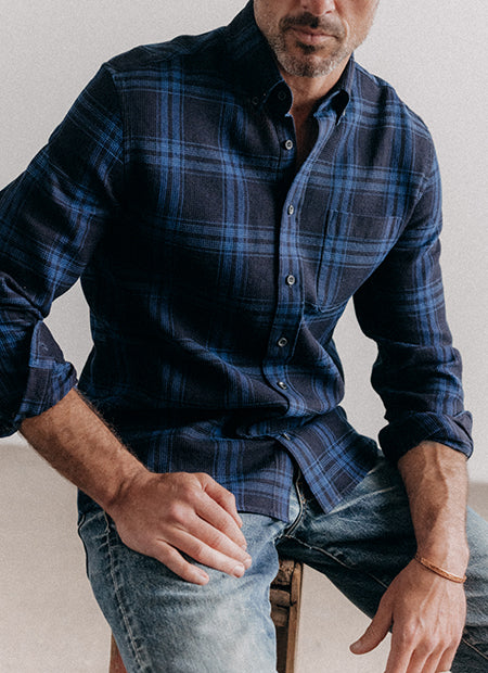 fit model posing in The Jack in Deep Indigo Plaid Waffle , by Taylor Stitch
