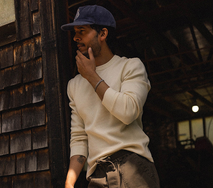 Model wearing The Organic Cotton Crew in Vintage White Waffle